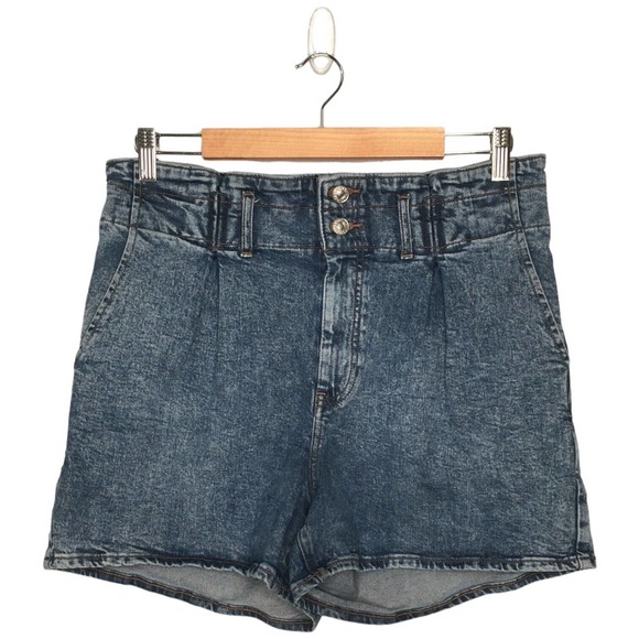 Express Midi Super High Rise Pleated Stonewash Y2K 90s Denim Shorts Mom Blue 12R - Picture 2 of 10